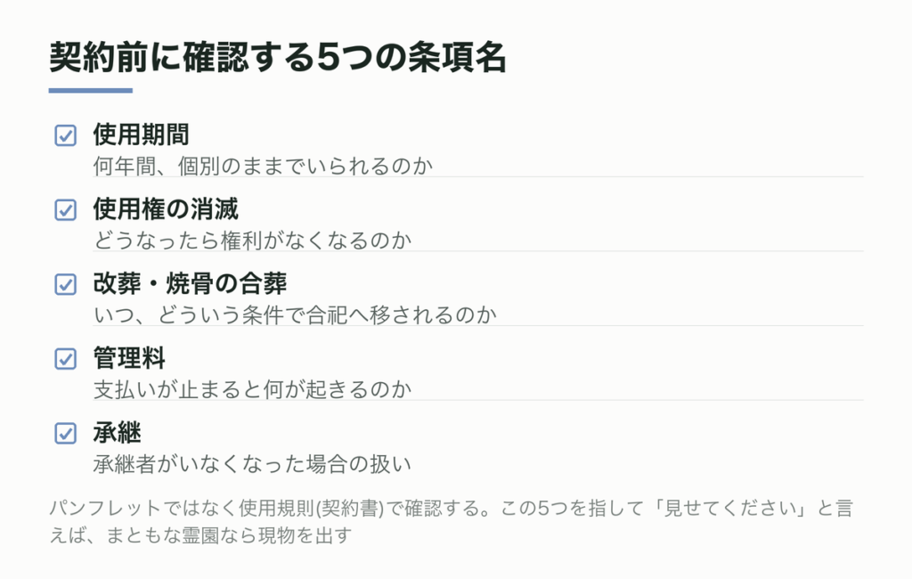 契約前に確認する5つの条項名